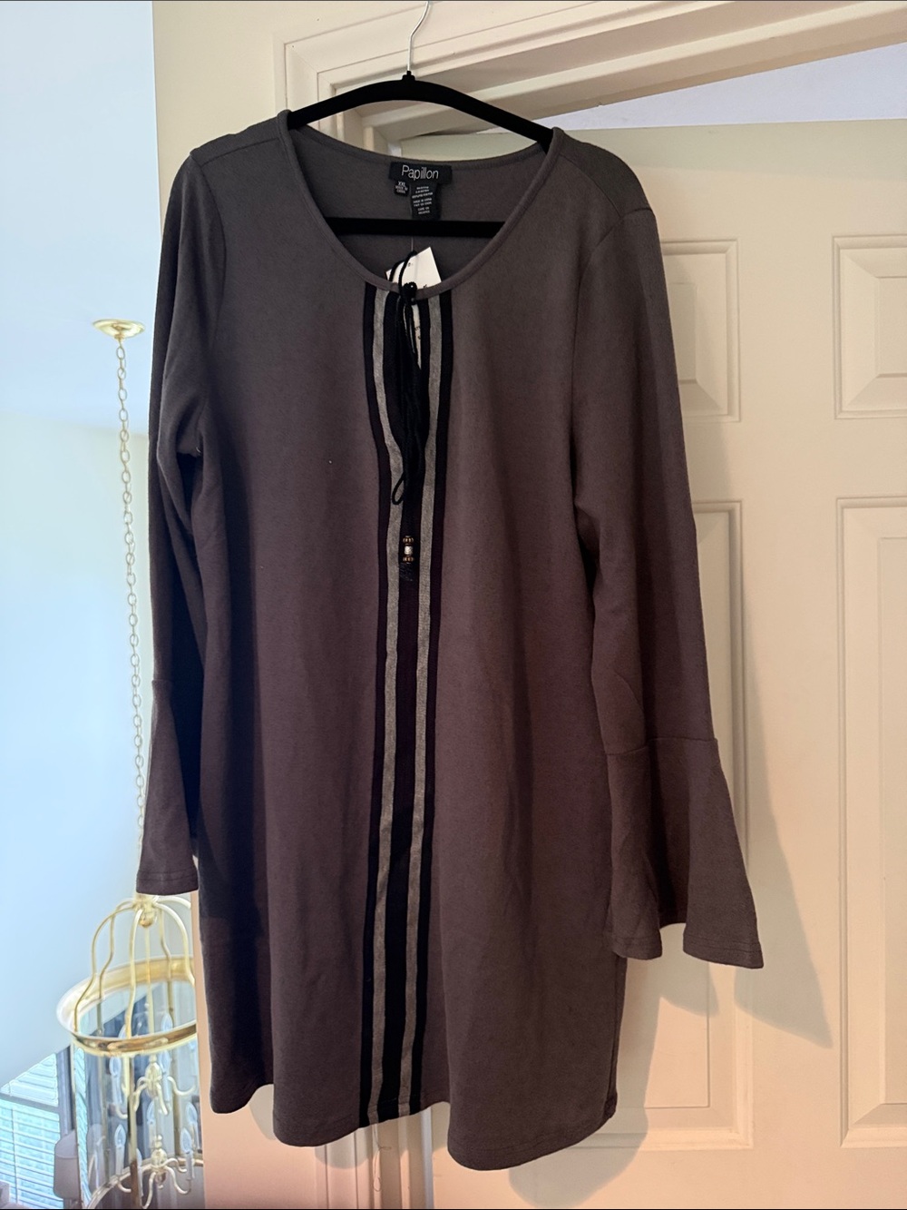 Papillon gray tunic sweater with front placket detail.